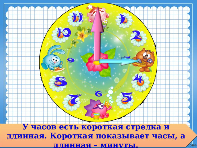 У часов есть короткая стрелка и длинная. Короткая показывает часы, а длинная – минуты. 