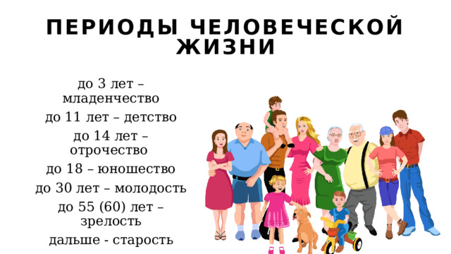 Периоды человеческой жизни до 3 лет – младенчество до 11 лет – детство до 14 лет – отрочество до 18 – юношество до 30 лет – молодость до 55 (60) лет – зрелость дальше - старость 