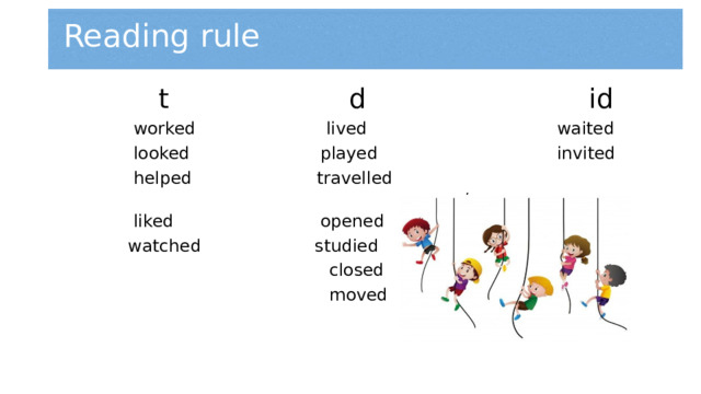  Reading rule  t d id  worked lived waited  looked played invited  helped travelled  liked opened  watched studied  closed  moved 