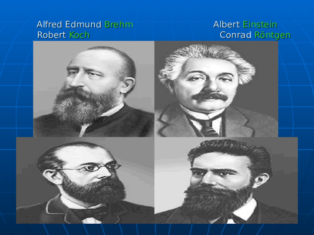 Alfred Edmund Brehm Albert Einstein  Robert Koch Conrad Röntgen 