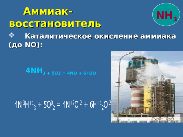  Аммиак-восстановитель NH 3  Каталитическое окисление аммиака ( до NO) :  4NH 3 + 5O 2 = 4NO + 6H 2 O 