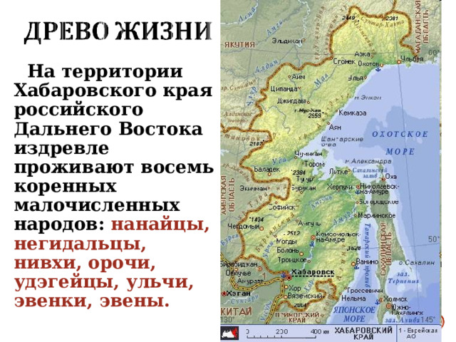  На территории Хабаровского края российского Дальнего Востока издревле проживают восемь коренных малочисленных народов: нанайцы, негидальцы, нивхи, орочи, удэгейцы, ульчи, эвенки, эвены. 