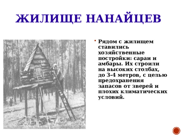 ЖИЛИЩЕ НАНАЙЦЕВ Рядом с жилищем ставились хозяйственные постройки: сараи и амбары. Их строили на высоких столбах, до 3-4 метров, с целью предохранения запасов от зверей и плохих климатических условий. 