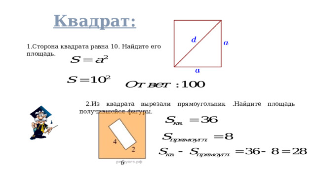 Квадрат: 1.Сторона квадрата равна 10. Найдите его площадь. 2.Из квадрата вырезали прямоугольник .Найдите площадь получившейся фигуры. 