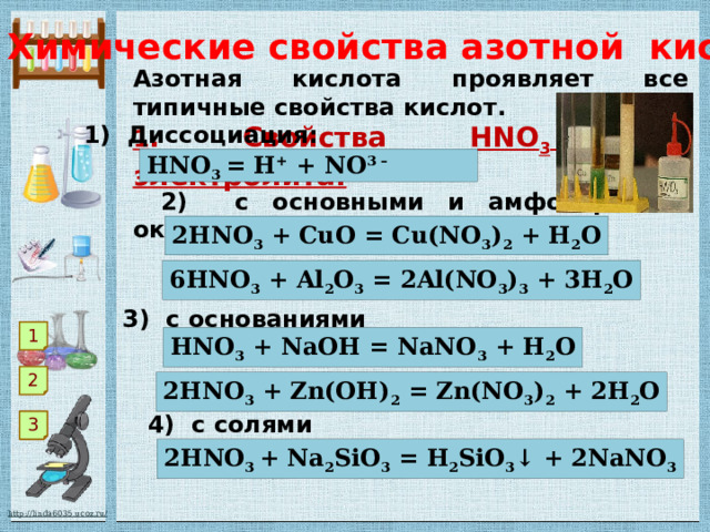 Химические свойства азотной кислоты Азотная кислота проявляет все типичные свойства кислот. 1 . Свойства HNO 3 как электролита:  1) Диссоциация: HNO 3 = H + + NO 3 – 2) с основными и амфотерными оксидами 2HNO 3 + CuO = Cu(NO 3 ) 2 + H 2 O 6HNO 3 + Al 2 O 3 = 2Al(NO 3 ) 3 + 3H 2 O 3) с основаниями 1 HNO 3 + NaOH = NaNO 3 + H 2 O 2 2HNO 3 + Zn(OH) 2 = Zn(NO 3 ) 2 + 2H 2 O 4) с солями 3 3 2HNO 3 + Na 2 SiO 3 = H 2 SiO 3 ↓ + 2NaNO 3 