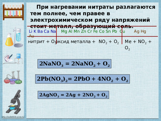 При нагревании нитраты разлагаются тем полнее, чем правее в электрохимическом ряду напряжений стоит металл, образующий соль. Li K Ba Ca Na Mg  Al Mn Zn Cr Fe Co Sn Pb  Cu Ag Hg Au нитрит + О 2 оксид металла + NO 2 + O 2 Ме + NO 2 + O 2 2NaNO 3 = 2NaNO 2 + O 2 2Pb(NO 3 ) 2 = 2PbO  + 4NO 2 + O 2 2AgNO 3 = 2Ag + 2NO 2 + O 2 