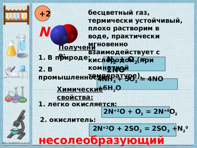  NO +2 бесцветный газ, термически устойчивый, плохо растворим в воде, практически мгновенно взаимодействует с кислородом (при комнатной температуре). Получение: 1. В природе: N 2 + O 2 = 2NO 2. В промышленности: 4NH 3 + 5O 2 = 4NO +6H 2 O Химические свойства:   2N +2 O + O 2 = 2N +4 O 2 1. легко окисляется: 2. окислитель: 2N +2 O + 2SO 2 = 2SO 3 +N 2 0 несолеобразующий 