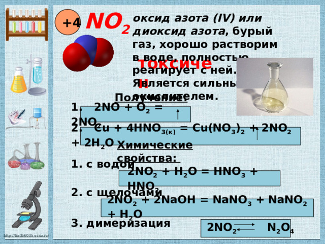 NO 2 оксид азота (IV) или диоксид азота , бурый газ, хорошо растворим в воде, полностью реагирует с ней. Является сильным окислителем. +4 токсичен Получение: 1. 2NO + O 2 = 2NO 2 2. Cu + 4HNO 3(к) = Cu(NO 3 ) 2 + 2NO 2 + 2H 2 O Химические свойства: 1. с водой 2NO 2 + H 2 O = HNO 3 + HNO 2 2. с щелочами 2NO 2 + 2NaOH = NaNO 3 + NaNO 2 + H 2 O 3. димеризация 2NO 2 N 2 O 4 