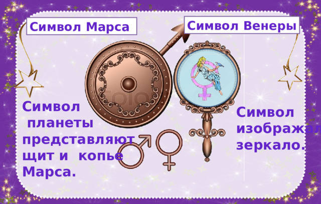 Символ Венеры Символ Марса Символ  планеты представляют щит и копье Марса. Символ изображал зеркало.