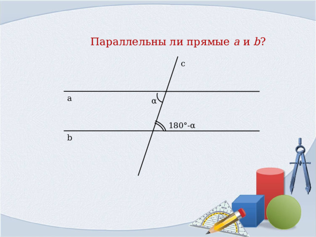   Параллельны ли прямые a  и b ?  с а α 180°- α b 