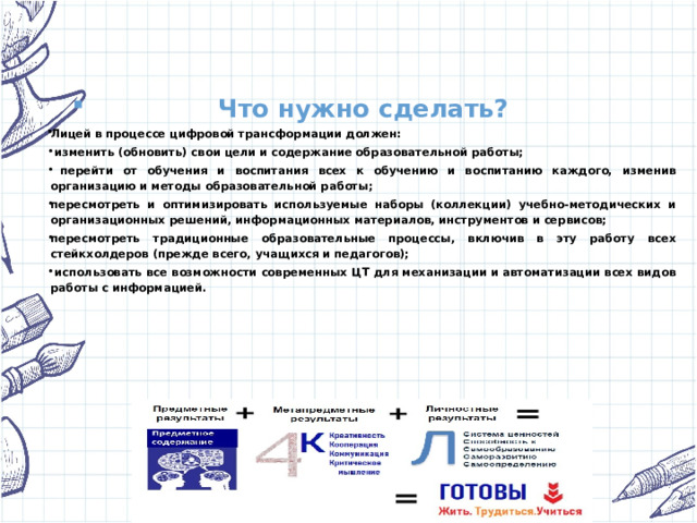 Что нужно сделать? Лицей в процессе цифровой трансформации должен:  изменить (обновить) свои цели и содержание образовательной работы;  перейти от обучения и воспитания всех к обучению и воспитанию каждого, изменив организацию и методы образовательной работы; пересмотреть и оптимизировать используемые наборы (коллекции) учебно-методических и организационных решений, информационных материалов, инструментов и сервисов; пересмотреть традиционные образовательные процессы, включив в эту работу всех стейкхолдеров (прежде всего, учащихся и педагогов);  использовать все возможности современных ЦТ для механизации и автоматизации всех видов работы с информацией. 