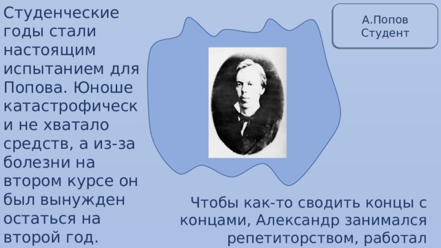 Студенческие годы стали настоящим испытанием для Попова. Юноше катастрофически не хватало средств, а из-за болезни на втором курсе он был вынужден остаться на второй год. А.Попов Студент Чтобы как-то сводить концы с концами, Александр занимался репетиторством, работал электромонтёром. 