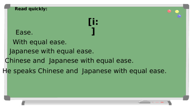 Read quickly:   [i:] Ease. With equal ease. Japanese with equal ease. Chinese and Japanese with equal ease. He speaks Chinese and Japanese with equal ease. 