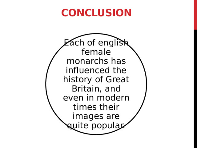 conclusion Each of english female monarchs has influenced the history of Great Britain, and even in modern times their images are quite popular. 12 