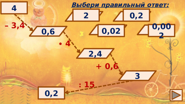 Выбери правильный ответ: 4 2 0,2 8,4 3,1 2,8 2,6 1,4 1,6 – 3,4 0,02 0,002 2,1 0,6 0,4 3 2,4 2,2 0,6 ? ∙  4 ? 2,4 + 0,6 ? 3 : 15 0,2 ? 