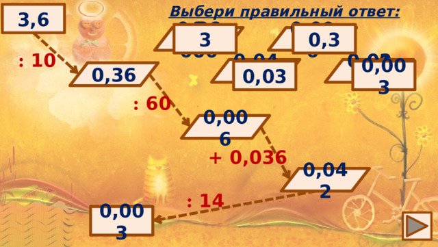 Выбери правильный ответ: 3,6 3 0,3 0,366 0,096 6 0,6 360 3 600 : 10 0,06 0,042 0,36 0,036 0,006 0,012 0,03 0,003 ? 0,36 : 60 0,006 ? + 0,036 0,042 ? : 14 ? 0,003 