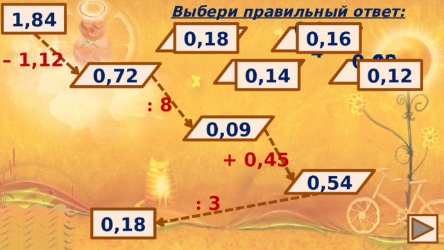 Выбери правильный ответ: 1,84 0,16 0,18 0,73 9 0,72 0,9 0,954 1,35 – 1,12 0,09 0,54 0,71 0,7 0,009 0,459 0,14 0,12 0,72 ? : 8 0,09 ? + 0,45 0,54 ? : 3 ? 0,18 