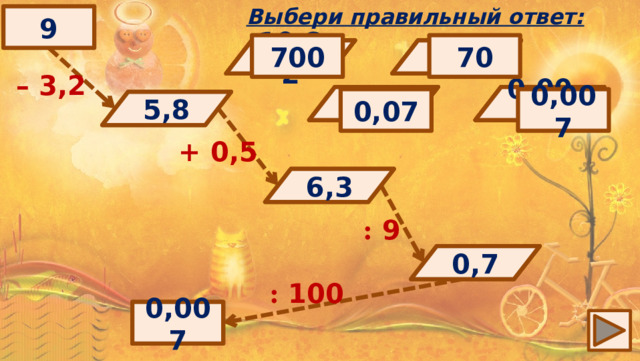 Выбери правильный ответ: 9 700 70 7 0,7 10,82 6,3 6,2 6,8 – 3,2 5,85 5,8 5,2 5,13 0,007 0,07 0,07 0,007 5,8 ? + 0,5 6,3 ? : 9 0,7 ? : 100 0,007 ? 