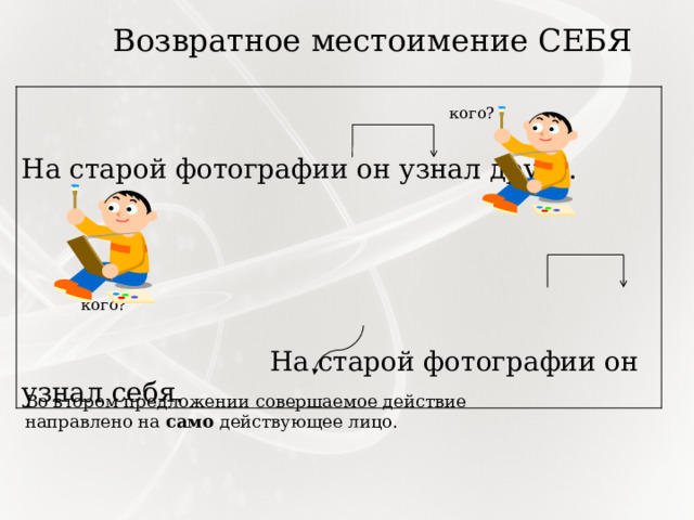 Возвратное местоимение СЕБЯ  кого?  На старой фотографии он узнал друга.  кого?  На старой фотографии он узнал себя. Во втором предложении совершаемое действие направлено на само действующее лицо. 