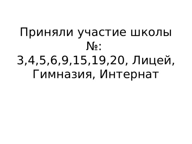 Приняли участие школы №:  3,4,5,6,9,15,19,20, Лицей, Гимназия, Интернат 