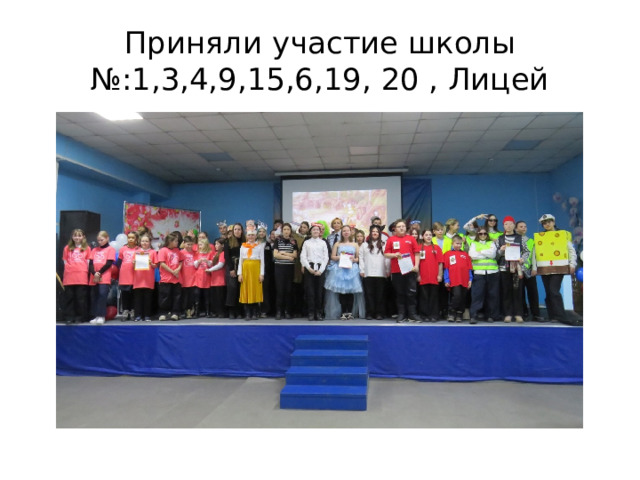 Приняли участие школы №:1,3,4,9,15,6,19, 20 , Лицей 