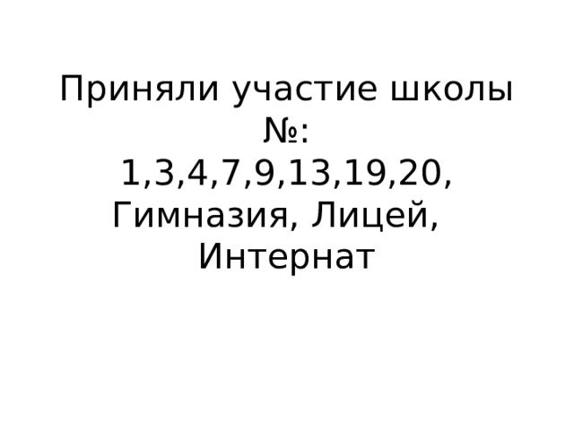 Приняли участие школы №:  1,3,4,7,9,13,19,20, Гимназия, Лицей, Интернат    