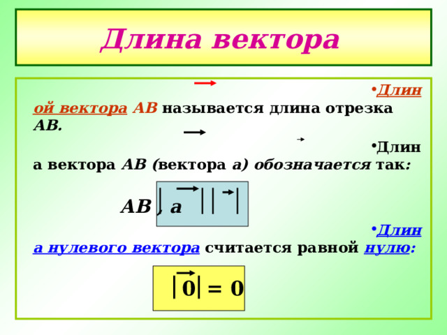 Длина вектора  Длиной вектора АВ  называется длина отрезка АВ. Длина вектора АВ ( вектора а) обозначается так :  АВ , а Длина нулевого вектора считается равной нулю :  = 0 0 