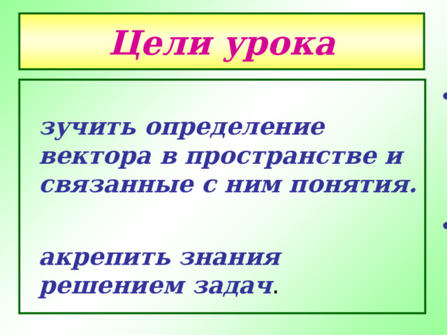 Цели урока Изучить определение вектора в пространстве и связанные с ним понятия.  Закрепить знания решением задач . 