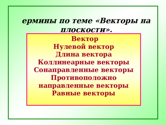 Термины по теме «Векторы на плоскости».   Вектор Нулевой вектор Длина вектора Коллинеарные векторы Сонаправленные векторы Противоположно направленные векторы Равные векторы  