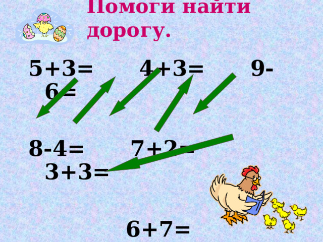 Помоги найти дорогу. 5+3= 4+3= 9-6=  8-4= 7+2= 3+3=   6+7= 