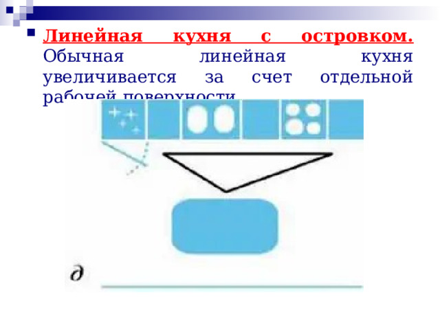 Линейная кухня с островком.  Обычная линейная кухня увеличивается за счет отдельной рабочей поверхности. 