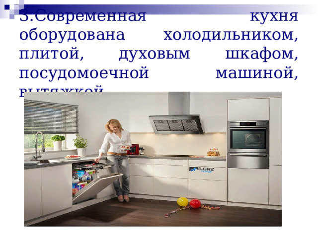  3.Современная кухня оборудована холодильником, плитой, духовым шкафом, посудомоечной машиной, вытяжкой. 