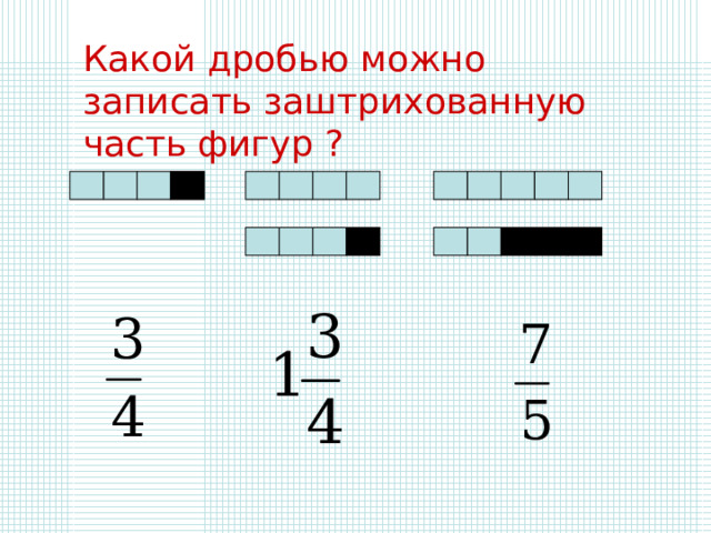 Какой дробью можно записать заштрихованную часть фигур ? 