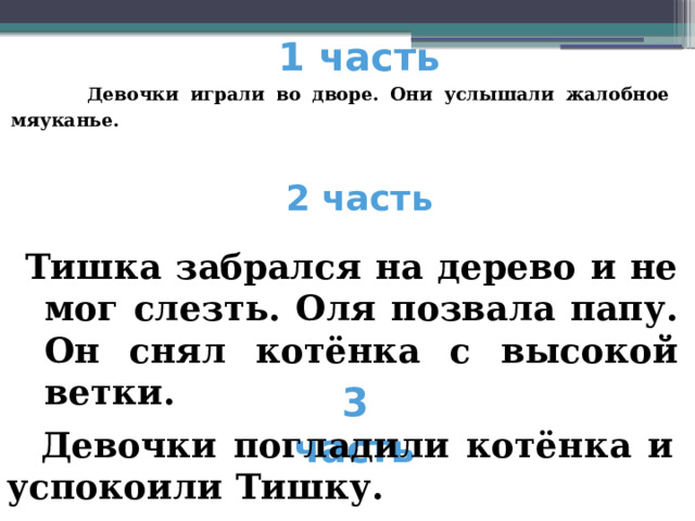 1 часть   Девочки играли во дворе. Они услышали жалобное мяуканье. 2 часть Тишка забрался на дерево и не мог слезть. Оля позвала папу. Он снял котёнка с высокой ветки.  3 часть  Девочки погладили котёнка и успокоили Тишку.   