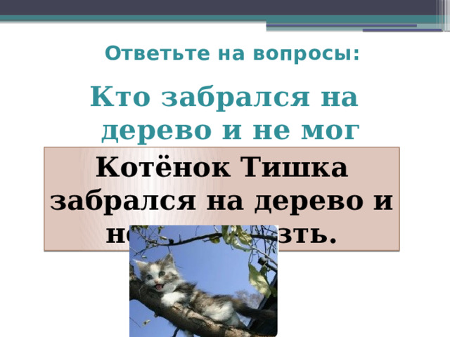 Ответьте на вопросы:   Кто забрался на дерево и не мог слезть?  Котёнок Тишка забрался на дерево и не мог слезть. 