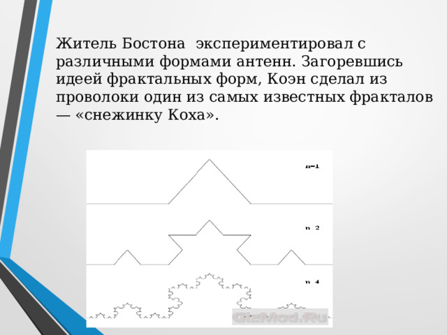 Житель Бостона экспериментировал с различными формами антенн. Загоревшись идеей фрактальных форм, Коэн сделал из проволоки один из самых известных фракталов — «снежинку Коха». 