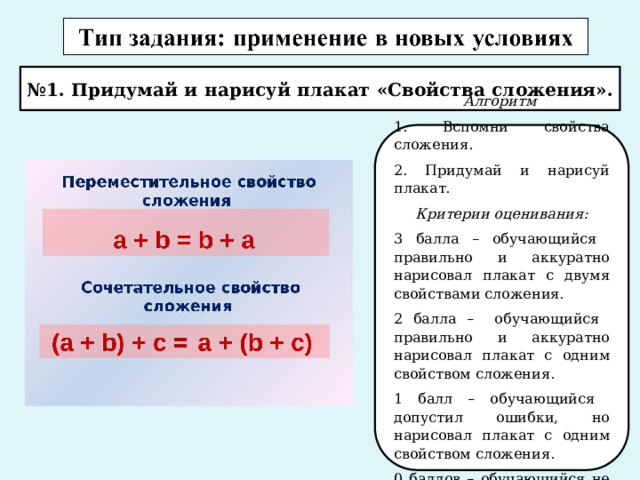 № 1. Придумай и нарисуй плакат «Свойства сложения». Алгоритм 1. Вспомни свойства сложения. 2. Придумай и нарисуй плакат. Критерии оценивания: 3 балла – обучающийся правильно и аккуратно нарисовал плакат с двумя свойствами сложения. 2 балла – обучающийся правильно и аккуратно нарисовал плакат с одним свойством сложения. 1 балл – обучающийся допустил ошибки, но нарисовал плакат с одним свойством сложения. 0 баллов – обучающийся не выполнил задание. 