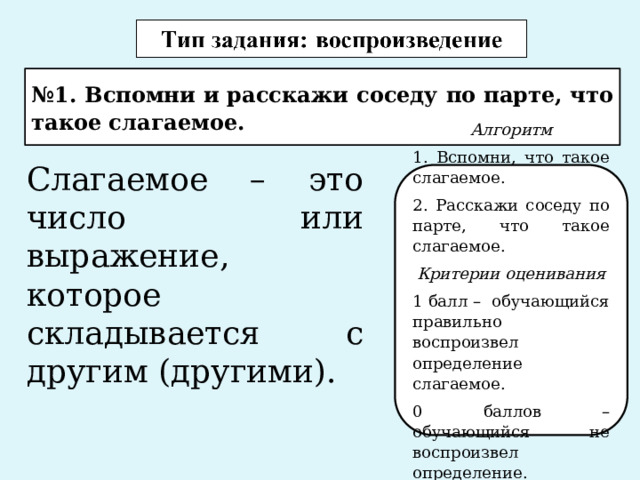 № 1. Вспомни и расскажи соседу по парте, что такое слагаемое. Слагаемое – это число или выражение, которое складывается с другим (другими).   Алгоритм 1. Вспомни, что такое слагаемое. 2. Расскажи соседу по парте, что такое слагаемое. Критерии оценивания 1 балл – обучающийся правильно воспроизвел определение слагаемое. 0 баллов – обучающийся не воспроизвел определение.  