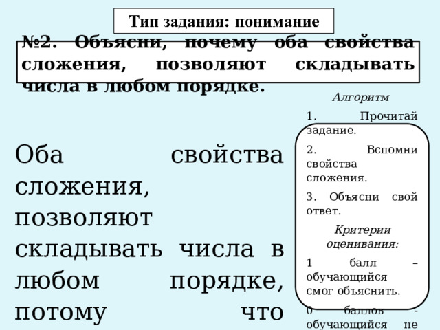 № 2. Объясни, почему оба свойства сложения, позволяют складывать числа в любом порядке.   Алгоритм 1. Прочитай задание. 2. Вспомни свойства сложения. 3. Объясни свой ответ. Критерии оценивания: 1 балл – обучающийся смог объяснить. 0 баллов - обучающийся не смог объяснить. Оба свойства сложения, позволяют складывать числа в любом порядке, потому что результат сложения не изменится. 