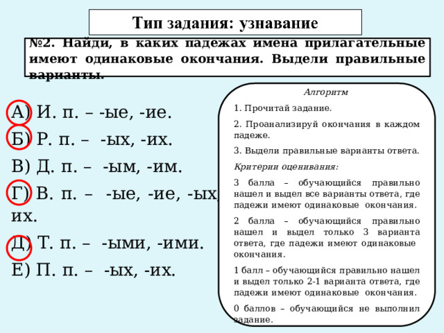 № 2. Найди, в каких падежах имена прилагательные имеют одинаковые окончания. Выдели правильные варианты. Алгоритм 1. Прочитай задание. 2. Проанализируй окончания в каждом падеже. 3. Выдели правильные варианты ответа. Критерии оценивания: 3 балла – обучающийся правильно нашел и выдел все варианты ответа, где падежи имеют одинаковые окончания. 2 балла – обучающийся правильно нашел и выдел только 3 варианта ответа, где падежи имеют одинаковые окончания. 1 балл – обучающийся правильно нашел и выдел только 2-1 варианта ответа, где падежи имеют одинаковые окончания. 0 баллов – обучающийся не выполнил задание. А) И. п. – -ые, -ие. Б) Р. п. – -ых, -их. В) Д. п. – -ым, -им. Г) В. п. – -ые, -ие, -ых, -их. Д) Т. п. – -ыми, -ими. Е) П. п. – -ых, -их.    