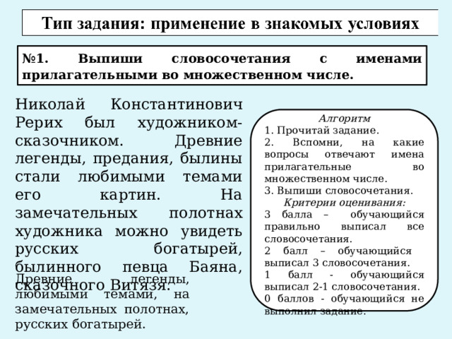 № 1. Выпиши словосочетания с именами прилагательными во множественном числе. Николай Константинович Рерих был художником-сказочником. Древние легенды, предания, былины стали любимыми темами его картин. На замечательных полотнах художника можно увидеть русских богатырей, былинного певца Баяна, сказочного Витязя.   Алгоритм 1. Прочитай задание. 2. Вспомни, на какие вопросы отвечают имена прилагательные во множественном числе. 3. Выпиши словосочетания. Критерии оценивания: 3 балла – обучающийся правильно выписал все словосочетания. 2 балл – обучающийся выписал 3 словосочетания. 1 балл - обучающийся выписал 2-1 словосочетания. 0 баллов - обучающийся не выполнил задание. Древние легенды, любимыми темами, на замечательных полотнах, русских богатырей. 