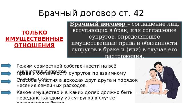 Брачный договор ст. 42 Брачный договор – соглашение лиц, вступающих в брак, или соглашение супругов, определяющее имущественные права и обязанности супругов в браке и (или) в случае его расторжения. ТОЛЬКО ИМУЩЕСТВЕННЫЕ ОТНОШЕНИЯ Режим совместной собственности на всё имущество супругов Права и обязанности супругов по взаимному содержанию Способы участия в доходах друг друга и порядок несения семейных расходов Какое имущество и в каких долях должно быть передано каждому из супругов в случае расторжения брака 