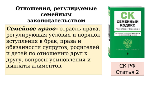 Отношения, регулируемые семейным законодательством Семейное право- отрасль права, регулирующая условия и порядок вступления в брак, права и обязанности супругов, родителей и детей по отношению друг к другу, вопросы усыновления и выплаты алиментов. СК РФ Статья 2 