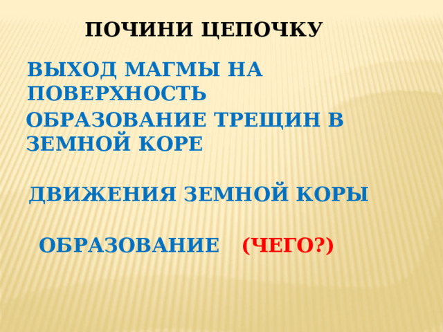 Почини цепочку Выход магмы на поверхность Образование трещин в земной коре Движения ЗЕМНОЙ КОРЫ Образование (чего?) 