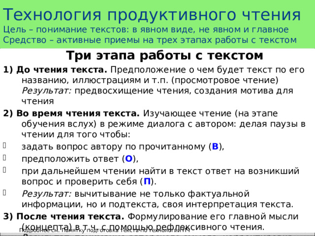 Технология продуктивного чтения   Цель – понимание текстов: в явном виде, не явном и главное  Средство – активные приемы на трех этапах работы с текстом  Три этапа работы с текстом 1) До чтения текста. Предположение о чем будет текст по его названию, иллюстрациям и т.п. (просмотровое чтение) Результат:  предвосхищение чтения, создания мотива для чтения 2) Во время чтения текста. Изучающее чтение (на этапе обучения вслух) в режиме диалога с автором: делая паузы в чтении для того чтобы: задать вопрос автору по прочитанному ( В ), предположить ответ ( О ), при дальнейшем чтении найти в текст ответ на возникший вопрос и проверить себя ( П ).  Результат:  вычитывание не только фактуальной информации, но и подтекста, своя интерпретация текста. 3) После чтения текста. Формулирование его главной мысли (концепта) в т.ч. с помощью рефлексивного чтения. Результат:  понимание авторского смысла, корректировка своей интерпретации 123 Подробнее см. Памятку подготовка текста по технологии ПЧ 123 