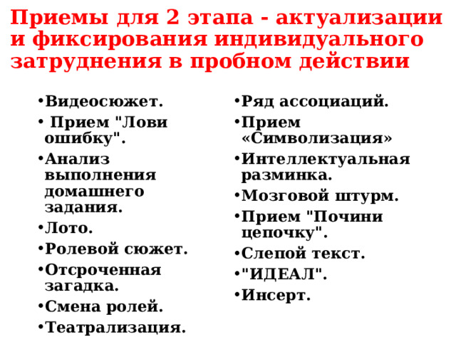 Приемы для 2 этапа - актуализации и фиксирования индивидуального затруднения в пробном действии   Видеосюжет.  Прием 