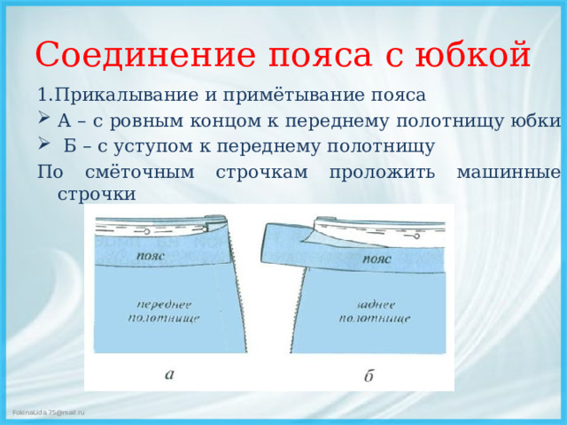 Соединение пояса с юбкой 1.Прикалывание и примётывание пояса А – с ровным концом к переднему полотнищу юбки  Б – с уступом к переднему полотнищу По смёточным строчкам проложить машинные строчки