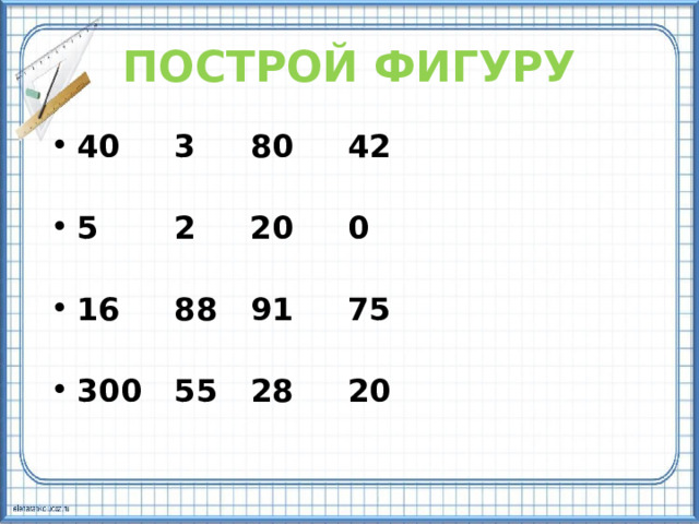 ПОСТРОЙ ФИГУРУ 40 3 80 42  5 2 20 0  16 88 91 75  300 55 28 20 