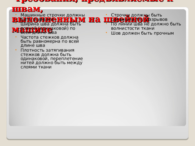  Требования, предъявляемые к швам, выполненным на швейной машине Строчки должны быть цельными, без разрывов По линии шва не должно быть волнистости ткани Шов должен быть прочным Машинные строчки должны быть ровными Ширина шва должна быть ровной (одинаковой) по всей длине шва Частота стежков должна быть равномерна по всей длине шва Плотность затягивания стежков должна быть одинаковой, переплетение нитей должно быть между слоями ткани  