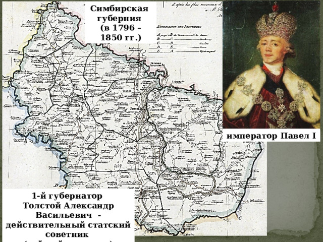 Симбирская губерния (в 1796 – 1850 гг.) император Павел I 1-й губернатор Толстой Александр Васильевич - действительный статский советник (тайный советник) 